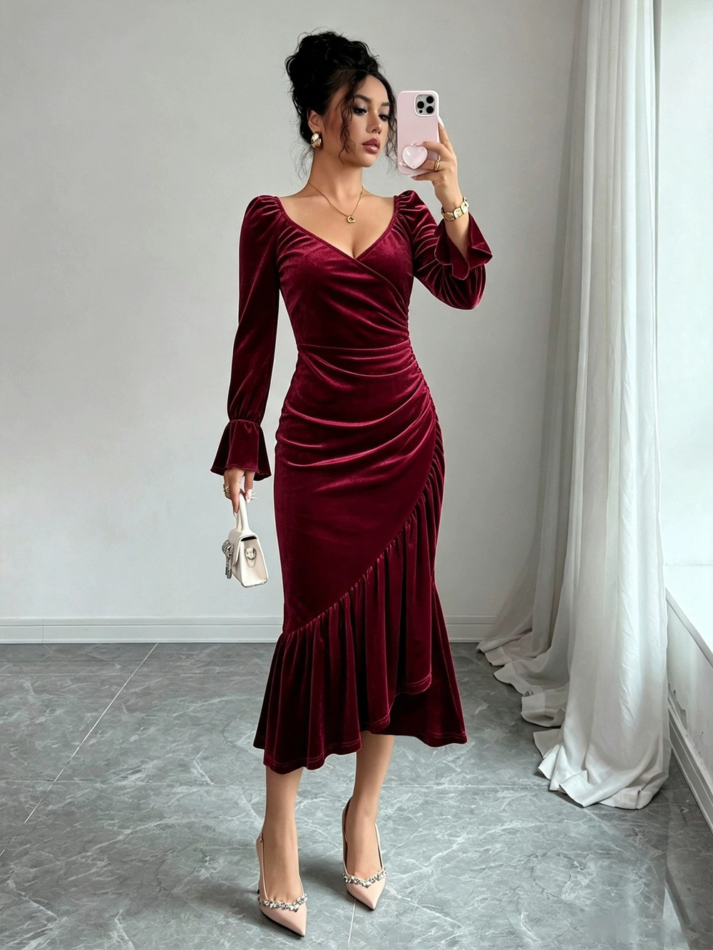 ZARA Velvet Collar Slimming Irregular Mermaid Bodycon Midi Dress Fall Winter